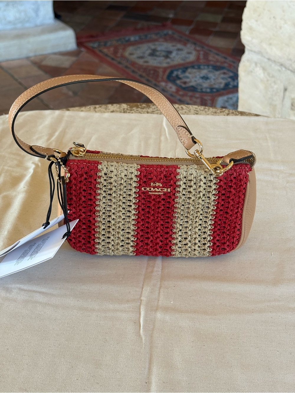 Coach Red and Natural Striped Crochet Mini Wristlet with Tan Trim